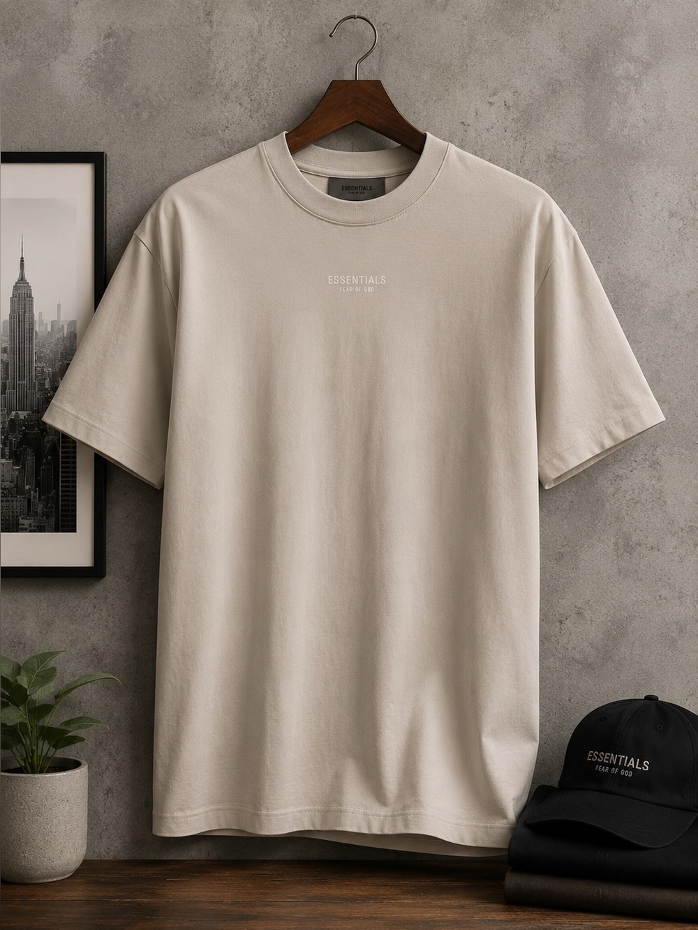 Essentials Beige Short Sleeve Tee Classic Crew Like New